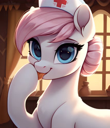Size: 3429x4000 | Tagged: safe, imported from derpibooru, nurse redheart, earth pony, pony, ai content, ai generated, cute, generator:pony diffusion v6 xl, generator:stable diffusion, high res, hoof licking, indoors, licking, movie accurate, prompter:midnight dashie, solo, tongue out