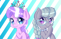 Size: 5950x3850 | Tagged: safe, alternate version, artist:kawaiipony2, imported from derpibooru, diamond tiara, silver spoon, earth pony, pony, absurd resolution, adorabullies, braid, braided ponytail, cute, diamondbetes, duo, duo female, eye clipping through hair, eyebrows, eyebrows visible through hair, female, filly, foal, glasses, high res, jewelry, looking at you, necklace, ponytail, raised hoof, signature, silverbetes, smiling, smiling at you, tiara