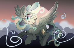Size: 5950x3850 | Tagged: safe, artist:kawaiipony2, imported from derpibooru, vapor trail, pegasus, pony, absurd resolution, cloud, cute, female, looking at you, mare, one eye closed, smiling, smiling at you, solo, spread wings, tail, vaporbetes, wings, wink, winking at you