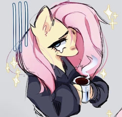 Size: 828x793 | Tagged: safe, imported from derpibooru, fluttershy, pegasus, pony, clothes, coffee, coffee cup, coffee mug, cup, hoodie, jacket, mug, sad, simple background, solo, teary eyes, tired