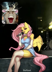 Size: 1629x2262 | Tagged: safe, artist:minekoo2, imported from derpibooru, discord, fluttershy, anthro, draconequus, pegasus, bereal., breasts, clothes, crying, female, gloves, long gloves, male, meme, microphone, picture-in-picture, ponified meme, real life background, screaming, singing, socks, thigh highs
