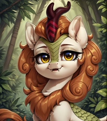 Size: 1808x2048 | Tagged: safe, imported from derpibooru, autumn blaze, kirin, ai content, ai generated, bust, chest fluff, cute, cute little fangs, ear fluff, fangs, female, forest, generator:pony diffusion v6 xl, generator:stable diffusion, horn, jungle, kirinbetes, lidded eyes, long eyelashes, looking at you, nature, outdoors, prompter:ramprover, smiling, smiling at you, solo, tree