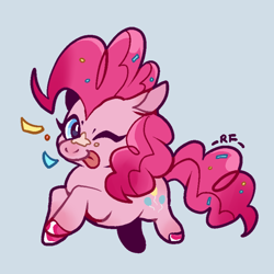 Size: 800x800 | Tagged: safe, artist:luoxingyexia, imported from derpibooru, pinkie pie, earth pony, pony, ;p, chibi, confetti, female, mare, one eye closed, smiling, solo, tongue out