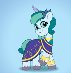 Size: 1251x1282 | Tagged: safe, artist:prixy05, imported from derpibooru, oc, oc:prixy, pony, unicorn, blue background, clothes, dress, female, flower, flower in hair, g5, gala dress, horn, leg band, mare, my little pony: tell your tale, saree, simple background
