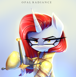 Size: 2950x3000 | Tagged: safe, artist:opal_radiance, imported from derpibooru, oc, oc only, pony, unicorn, armor, gradient background, horn, solo, sword, weapon