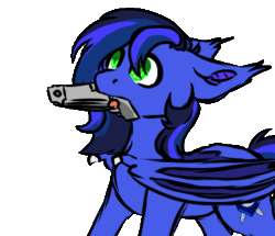 Size: 379x326 | Tagged: safe, artist:fluffyghost, imported from derpibooru, oc, oc only, oc:guard cobalt flash, bat pony, animated, bat pony oc, bat wings, commission, gif, gun, ready to fight, simple background, solo, transparent background, vibrating, violence, weapon, wings, ych result