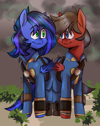 Size: 948x1200 | Tagged: safe, artist:cozziesart, imported from derpibooru, oc, oc only, oc:guard cobalt flash, oc:strong hoof, bat pony, pegasus, bat pony oc, bat wings, clothes, fallout, jumpsuit, looking at each other, looking at someone, male, pegasus oc, pipbuck, vault suit, wings