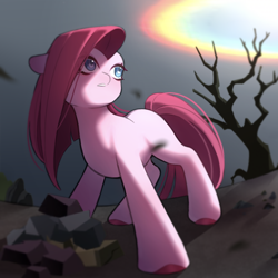 Size: 1280x1280 | Tagged: safe, artist:huxiyizhiji, imported from derpibooru, pinkie pie, earth pony, pony, the cutie mark chronicles, bare tree, female, filly, foal, rock farm, solo, sonic rainboom, tree