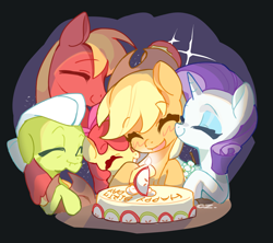 Size: 3505x3116 | Tagged: safe, artist:chengzi82020, imported from derpibooru, apple bloom, applejack, big macintosh, granny smith, rarity, earth pony, pony, unicorn, apple, apple family, birthday cake, black background, blushing, cake, candle, eyes closed, female, filly, flower, foal, food, happy birthday, head rub, horn, lesbian, male, mare, open mouth, rarijack, shipping, simple background, stallion, table, text