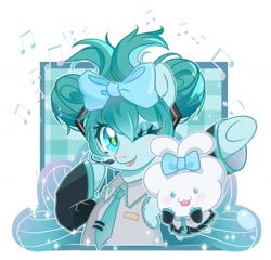 Size: 2400x2300 | Tagged: safe, artist:weixin635, imported from derpibooru, pony, abstract background, anime, duo, female, hatsune miku, mare, one eye closed, ponified, simple background, smiling, vocaloid, white background, wink
