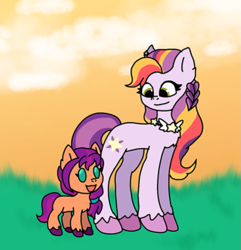 Size: 949x985 | Tagged: safe, artist:aaliyahthedream12, imported from derpibooru, sunny starscout, earth pony, pony, spoiler:g5, spoiler:my little pony: tell your tale, spoiler:tyts02e11, beady eyes, duo, duo female, female, filly, filly sunny starscout, foal, g5, jewelry, mare, mother and child, mother and daughter, my little pony: tell your tale, necklace, open mouth, open smile, outdoors, smiling, sunny starscout's mother, tail, unshorn fetlocks, written in the starscouts, younger