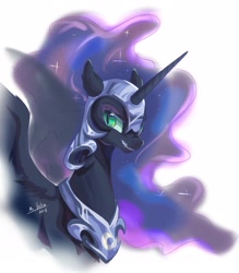 Size: 1999x2285 | Tagged: safe, artist:mrdelta1, imported from derpibooru, nightmare moon, alicorn, pony, ear fluff, ethereal mane, female, helmet, mare, peytral, simple background, solo, starry mane, white background