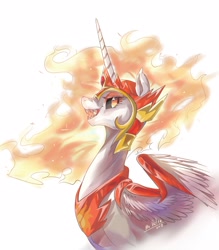Size: 1999x2285 | Tagged: safe, artist:mrdelta1, imported from derpibooru, daybreaker, princess celestia, alicorn, pony, ear fluff, female, helmet, mane of fire, mare, open mouth, peytral, profile, sharp teeth, simple background, solo, teeth, white background