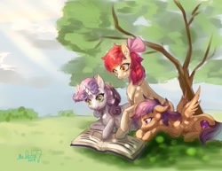 Size: 1606x1242 | Tagged: safe, artist:mrdelta1, imported from derpibooru, apple bloom, scootaloo, sweetie belle, earth pony, pegasus, pony, unicorn, apple bloom's bow, book, bow, chest fluff, cutie mark, cutie mark crusaders, dappled sunlight, ear fluff, female, filly, foal, hair bow, horn, leg fluff, lying down, prone, reading, signature, spread wings, the cmc's cutie marks, tree, under the tree, wings