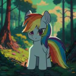 Size: 2023x2024 | Tagged: safe, artist:auroracursed, imported from derpibooru, rainbow dash, pegasus, pony, cute, dashabetes, eyebrows, eyebrows visible through hair, female, forest, nature, solo, tree
