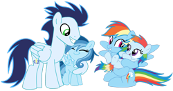 Size: 2346x1242 | Tagged: artist needed, safe, imported from derpibooru, rainbow dash, soarin', oc, oc:ragtag, oc:shooting star, pegasus, pony, female, filly, foal, male, mare, offspring, parent:rainbow dash, parent:soarin', parents:soarindash, shipping, siblings, simple background, soarindash, stallion, straight, transparent background, twins