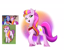 Size: 2048x1583 | Tagged: safe, artist:alinabr00k, imported from derpibooru, sunny starscout, earth pony, pony, spoiler:g5, spoiler:my little pony: tell your tale, spoiler:tyts02e11, alternate cutie mark, argyle starshine, bag, father and child, father and daughter, female, female focus, filly, filly sunny starscout, g5, jewelry, looking at you, male, mane stripe sunny, mare, mother and child, mother and daughter, my little pony: tell your tale, necklace, open mouth, open smile, raised hoof, screencap reference, smiling, solo focus, stallion, sunny starscout's mother, tail, unshorn fetlocks, written in the starscouts, younger