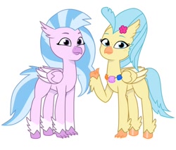 Size: 640x544 | Tagged: safe, artist:jazzhooves, imported from derpibooru, princess skystar, silverstream, classical hippogriff, hippogriff, my little pony: the movie, coat markings, colored wings, duo, duo female, female, flower, flower in hair, freckles, g4 to g5, g5, generation leap, jewelry, missing accessory, necklace, simple background, socks (coat markings), thumbs up, white background, wings