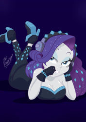 Size: 2428x3439 | Tagged: safe, artist:bgredrum, imported from twibooru, rarity, human, equestria girls, the other side, ankle boots, bedroom eyes, big breasts, blue background, breasts, busty rarity, cleavage, clothes, eyeshadow, female, gloves, headphones, high heels, humanized, image, makeup, my little pony equestria girls: better together, needs more jpeg, paywall content, paywalled source, shoes, simple background, sleeveless, solo, solo female, strapless, unitard