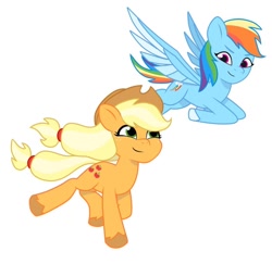 Size: 640x621 | Tagged: safe, artist:jazzhooves, imported from derpibooru, applejack, rainbow dash, earth pony, pegasus, pony, applejack's hat, cowboy hat, duo, duo female, female, flying, freckles, g4 to g5, g5, generation leap, hat, looking at each other, looking at someone, running, simple background, white background