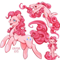 Size: 1080x1080 | Tagged: safe, artist:kiryunx, imported from derpibooru, pinkie pie, earth pony, pony, eyes closed, female, mare, open mouth, open smile, simple background, sitting, smiling, solo, white background