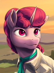 Size: 1560x2100 | Tagged: safe, artist:tofuslied-, imported from derpibooru, sugar belle, unicorn, equestria at war mod, bust, clothes, horn, portrait, solo