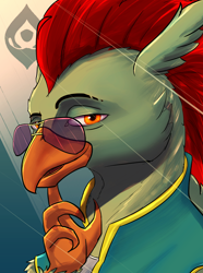 Size: 1560x2100 | Tagged: safe, artist:tofuslied-, imported from derpibooru, oc, oc only, oc:crack lightning, hippogriff, equestria at war mod, bust, claw, glasses, looking at you, portrait, solo, sunglasses