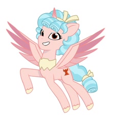 Size: 640x725 | Tagged: safe, artist:jazzhooves, imported from derpibooru, cozy glow, alicorn, pony, alicornified, bow, cozycorn, female, freckles, g4 to g5, g5, generation leap, hair bow, jewelry, older, older cozy glow, race swap, regalia, simple background, solo, spread wings, tail, tail bow, teenager, white background, wings