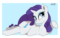 Size: 1936x1227 | Tagged: safe, artist:bunbunmuffinart, artist:bunbunmuffins, imported from derpibooru, part of a set, rarity, pony, unicorn, belly, blue background, chest fluff, draw me like one of your french girls, explicit source, eyeshadow, female, fluffy, horn, looking at you, lying down, makeup, mare, signature, simple background, solo, sultry pose, tail