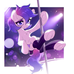 Size: 2989x2989 | Tagged: safe, artist:ls_skylight, imported from derpibooru, oc, oc only, oc:indigo storm, pony, bow, clothes, female, hooves, mare, pole dancing, socks, solo, stockings, stripper pole, thigh highs, underhoof