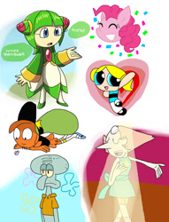 Size: 827x1082 | Tagged: safe, artist:cmara, imported from derpibooru, pinkie pie, octopus, bubbles (powerpuff girls), cosmo (sonic x), crossover, pearl (steven universe), sonic the hedgehog (series), spongebob squarepants, spotlight, squidward tentacles, steven universe, the powerpuff girls, wander (wander over yonder), wander over yonder