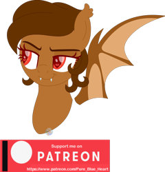 Size: 1880x1961 | Tagged: safe, artist:pure-blue-heart, imported from derpibooru, oc, oc only, unnamed oc, bat pony, undead, vampire, bat pony oc, bat wings, brown mane, bust, fangs, female, mare, patreon, patreon logo, patreon reward, portrait, red eyes, simple background, transparent background, watermark, wings