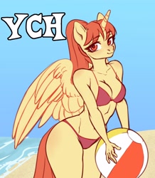Size: 2620x3000 | Tagged: safe, artist:nika-rain, imported from derpibooru, oc, alicorn, anthro, pony, auction, auction open, ball, breasts, clothes, commission, ocean, sketch, solo, swimsuit, water, ych sketch, your character here