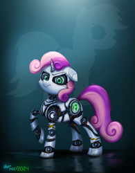 Size: 1931x2480 | Tagged: safe, artist:user-fox, imported from derpibooru, sweetie belle, pony, robot, robot pony, unicorn, dark background, female, foal, gradient background, green eyes, horn, looking at you, raised hoof, solo, sweetie bot, unhappy