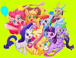 Size: 2356x1800 | Tagged: safe, artist:xyls0221, imported from derpibooru, angel bunny, applejack, discord, fluttershy, pinkie pie, rainbow dash, rarity, spike, twilight sparkle, alicorn, draconequus, dragon, earth pony, pegasus, pony, rabbit, unicorn, animal, balloon, eyes closed, female, green background, horn, mane six, mare, one eye closed, open mouth, simple background, smiling, twilight sparkle (alicorn)