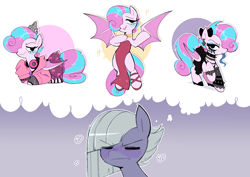 Size: 3508x2480 | Tagged: safe, artist:syrupyyy, imported from derpibooru, limestone pie, oc, oc:sweetie swirl, bat pony, pony, bat pony oc, bat wings, blue blush, blue tongue, blushing, bow, clothes, crossdressing, dress, flustered, goth, hair bow, headphones, high heels, imagination, jewelry, long tongue, multicolored hair, not flurry heart, shoes, thought bubble, tiara, tongue out, wings