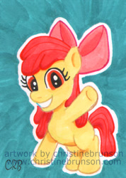 Size: 550x773 | Tagged: safe, artist:inkdotthepony, imported from derpibooru, apple bloom, earth pony, pony, abstract background, female, filly, foal, grin, raised hoof, smiling, solo, text, traditional art