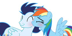 Size: 2346x1180 | Tagged: safe, imported from derpibooru, rainbow dash, soarin', pegasus, pony, cheek kiss, female, kissing, male, mare, shipping, simple background, soarindash, stallion, straight, transparent background