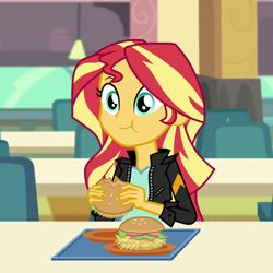 Size: 2160x2160 | Tagged: safe, artist:octosquish7260, imported from derpibooru, sunset shimmer, human, equestria girls, arms, burger, cafeteria, canterlot high, chair, clothes, dress, eating, female, fingers, food, hand, happy, hay burger, holding, humans doing horse things, jacket, leather, leather jacket, long hair, plate, school, short sleeves, show accurate, sitting, smiling, solo, sunset wants her old digestive system back, table, teenager, tray