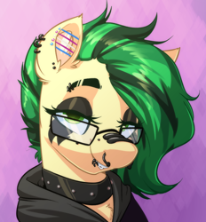 Size: 2128x2296 | Tagged: safe, artist:witchtaunter, imported from derpibooru, oc, oc only, oc:joystick, pony, abstract background, bridge piercing, bust, clothes, collar, commission, ear piercing, eyebrow piercing, female, glasses, goth, hoodie, industrial piercing, lip piercing, looking at you, mare, nose piercing, nose ring, piercing, portrait, smiling, smiling at you, solo
