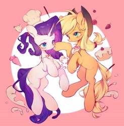 Size: 2659x2700 | Tagged: safe, artist:leafywind, imported from derpibooru, applejack, rarity, earth pony, pony, unicorn, cake, chef's hat, circle background, duo, female, food, hat, horn, icing bag, lesbian, mare, pink background, rarijack, shipping, simple background, strawberry
