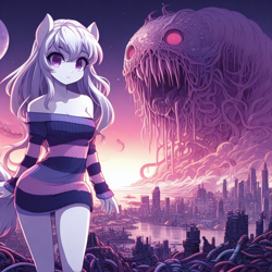 Size: 1024x1024 | Tagged: safe, imported from derpibooru, oc, anthro, earth pony, adorasexy, ai content, ai generated, anthro oc, bare shoulders, body horror, city, cityscape, cosmic horror, cute, eldritch abomination, eldritch horror, female, horror, looking at you, monster, prompter:horselover fat, pullover, sexy, shoulderless, smiling, smiling at you, stripes, surreal, walking, weird
