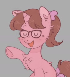 Size: 1382x1524 | Tagged: safe, artist:mikako, imported from derpibooru, oc, pony, unicorn, bow, brown mane, cute, glasses, hair bow, horn, nerd, not sci-twi, not twilight sparkle, pink coat, ribbon, solo, talking, unicorn oc