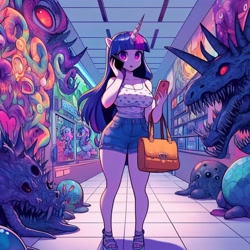Size: 1024x1024 | Tagged: safe, imported from derpibooru, twilight sparkle, anthro, unicorn, abstract, adorasexy, ai content, ai generated, bag, big breasts, breasts, cellphone, cleavage, clothes, creature, cute, denim, denim shorts, female, handbag, horn, horror, mall, monster, open mouth, phone, prompter:horselover fat, sexy, shopping, shorts, standing, surreal, talking, talking on phone, tanktop, tiled floor, weird