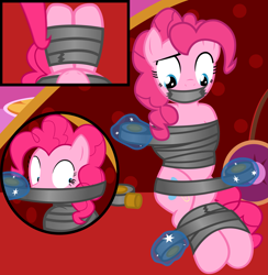 Size: 3247x3321 | Tagged: safe, artist:cardshark777, imported from derpibooru, pinkie pie, earth pony, pony, 3 panel comic, bondage, bound and gagged, comic, fainting couch, female, femsub, first pony view, gag, helpless, looking down, magic, mare, panel, panels, pink coat, pink mane, sequel, sitting, solo, submissive, tape, tape bondage, tape gag, wrapping