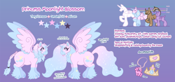 Size: 4500x2100 | Tagged: safe, artist:iridescentclaws, imported from derpibooru, oc, alicorn, pony, chest fluff, chubby, draft horse, ear fluff, fluffy, g3, genderfluid, large wings, nonbinary, pink coat, princess, reference, reference sheet, shiny hooves, size chart, size comparison, sparkly eyes, sparkly hooves, sparkly mane, sparkly tail, tail, transgender, unshorn fetlocks, wingding eyes, wings