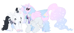 Size: 2161x985 | Tagged: safe, artist:iridescentclaws, imported from derpibooru, oc, oc only, oc:hydrangea, oc:moonlight blossom, oc:shimmer shine, alicorn, hippogriff, hybrid, pony, alicorn oc, draft horse, dragon hybrid, hippogriff oc, horn, hybrid oc, iridescence, iridescent coat, iridescent scales, piebald, piebald coat, pink coat, pony hybrid, shiny hooves, sparkly hooves, sparkly mane, sparkly tail, tail, white coat, wings
