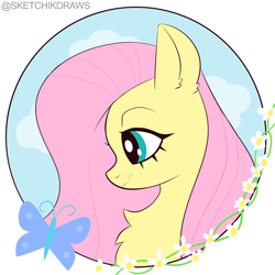 Size: 2000x2000 | Tagged: safe, artist:sketchik, imported from derpibooru, fluttershy, pegasus, pony, bust, cute, female, mare, portrait, shyabetes, side view, simple background, smiling, solo