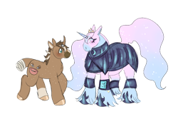 Size: 1500x1000 | Tagged: safe, artist:iridescentclaws, imported from derpibooru, oc, oc only, oc:cinnamon sugar, oc:moonlight blossom, alicorn, hybrid, lizard, lizard pony, pony, unicorn, fallout equestria, armor, armored pony, brown coat, couple, draft horse, horn, hybrid oc, pink coat, pipbuck, pony hybrid, princess, sparkly mane, sparkly tail, tail