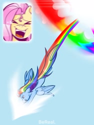 Size: 1620x2160 | Tagged: safe, artist:zombeedog, imported from derpibooru, fluttershy, rainbow dash, pegasus, pony, sonic rainboom (episode), bereal., crying, duo, duo female, excited, eyes closed, female, flutterdash, flying, happy, lesbian, mare, meme, open mouth, open smile, outdoors, picture-in-picture, scene interpretation, screaming fan meme, shipping, smiling, sonic rainboom, spread wings, tail, tears of joy, wings
